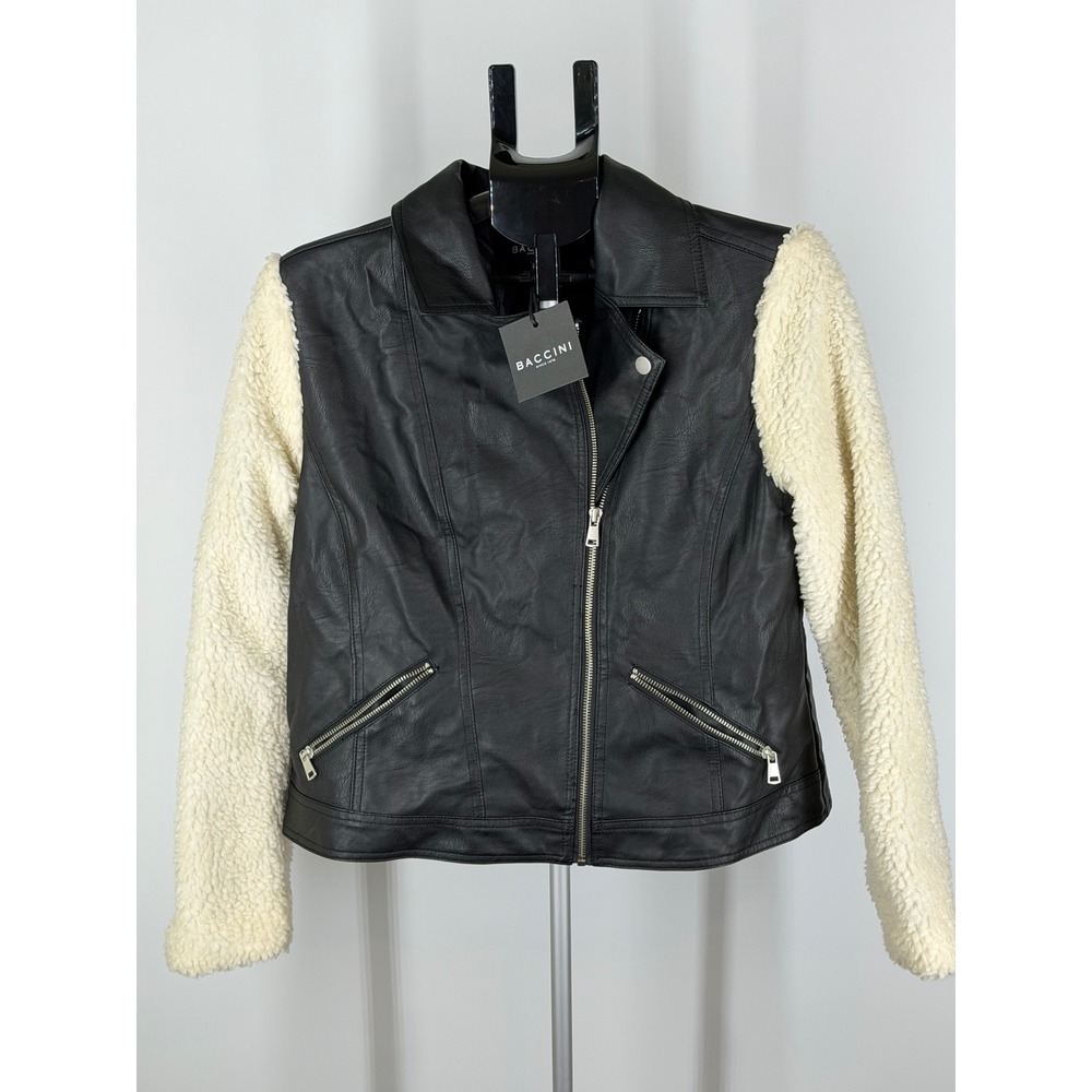Baccini Womens Faux Leather Moto Jacket Sherpa Sleeves Black Cream Size L NEW